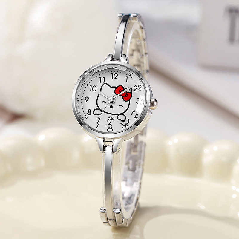 时尚可爱KT猫咪女表卡通儿童腕表细表带手链表金属表带指针石英表