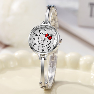 时尚可爱KT猫咪女表卡通儿童腕表细表带手链表金属表带指针石英表