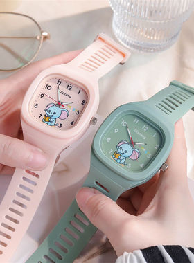 硅胶儿童手表方形学生表小象腕表果冻色紫色粉色初中生石英表