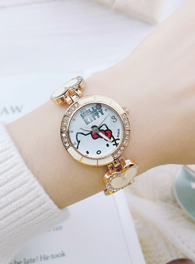 哈喽KT卡通手链手表女士水钻凯蒂猫儿童腕表指针式金色女孩石英表