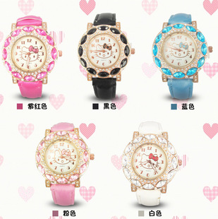 儿童镶钻女孩手表学生皮表带表凯蒂猫Hello kitty可爱卡通石英表