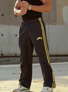 YOUNGLA男士运动裤双条拼接印花休闲裤健身房运动健身中腰直筒裤