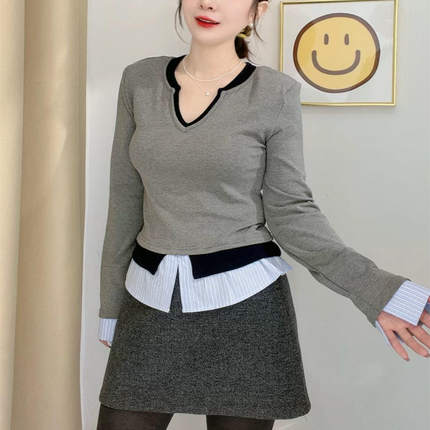 欧货洋气女装气质拼色V领叠穿假两件长袖T恤小衫打底衫时尚上衣潮