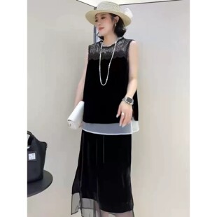 欧货气质蕾丝拼接丝绒宽松无袖T恤时尚小衫上衣大码显瘦背心洋气