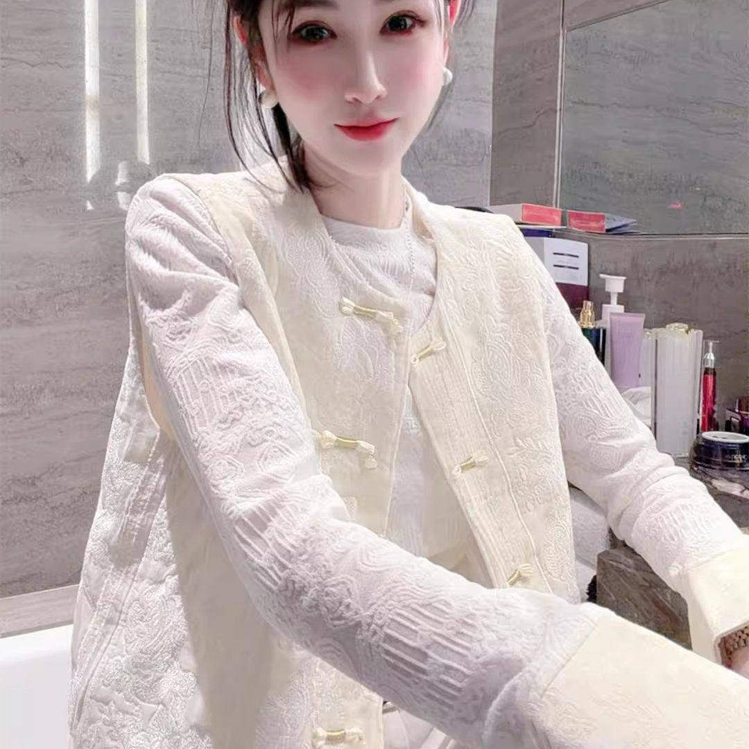 欧货十三行新款重工刺绣国风马甲开衫长袖蕾丝衫两件套装时尚百搭