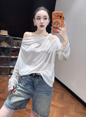 欧货十三行新款黑白纯欲风露肩设计感宽松薄款长袖T恤上衣防晒衫
