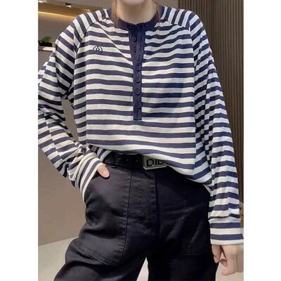 欧货春季新款小衫蓝条简约宽松圆领长袖T恤卫衣薄款上衣大码显瘦