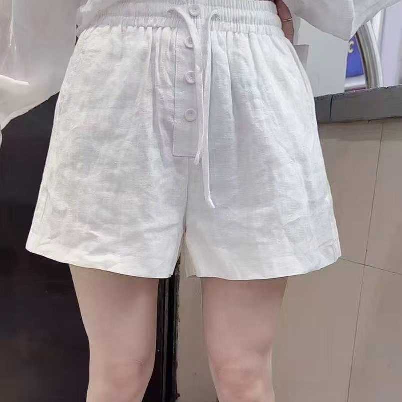 欧货夏季洋气女装白色麻料短裤松紧腰阔腿百搭通勤休闲裤大码显瘦