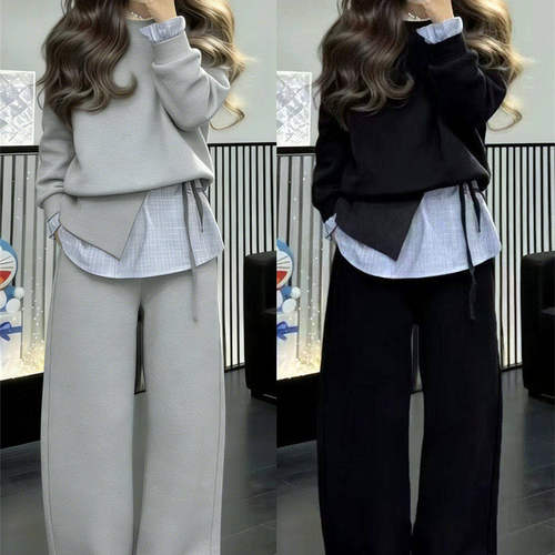 欧货春季新款拼接叠穿宽松圆领长袖T恤卫衣宽松阔腿卫裤两件套装