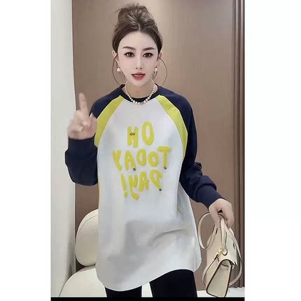 欧货十三行拼色袖字母圆领宽松中长款长袖T恤上衣过臀显瘦百搭潮