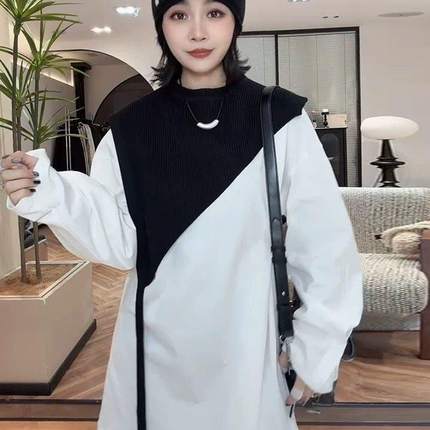 欧货设计感披肩式纯色宽松中长款长袖T恤时尚上衣卫衣过臀显瘦潮