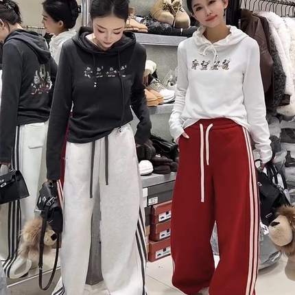 欧货秋冬加绒三道杠松紧抽绳宽松卫裤阔腿裤大码显瘦百搭休闲运动