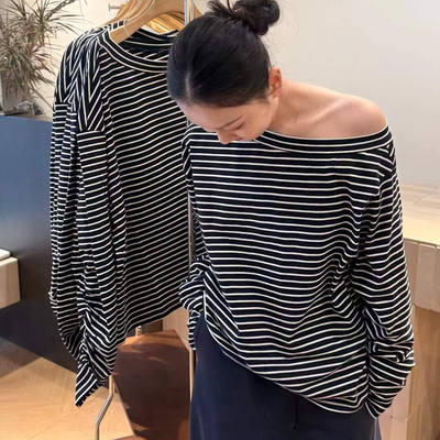 欧货春季新款黑白条纹宽松一字领镂空长袖T恤上衣时尚卫衣潮T百搭