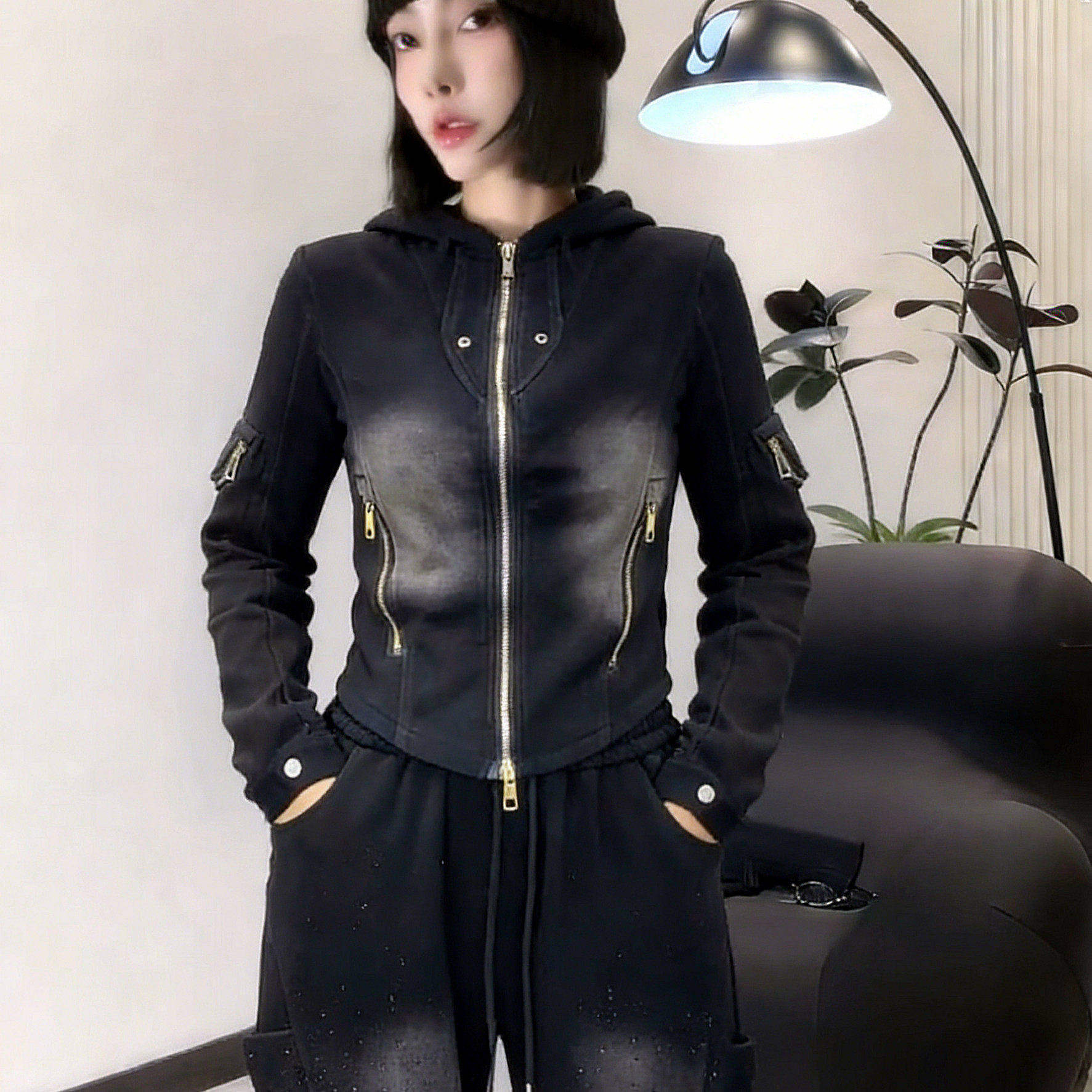 欧货春季新款重工水洗做旧连帽短款卫衣外套阔腿卫裤两件套装潮T