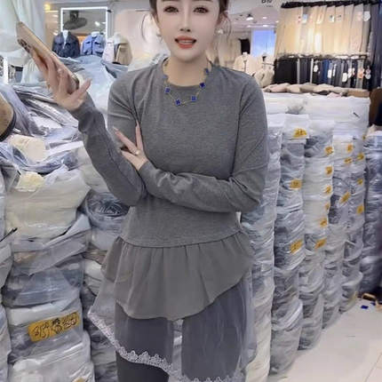 欧货气质荷叶边圆领弹力长袖T恤小衫叠穿假两件上衣百搭时尚大码