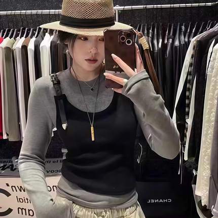 欧货南油洋气小衫设计感吊带圆领长袖T恤小衫打底衫两件套百搭