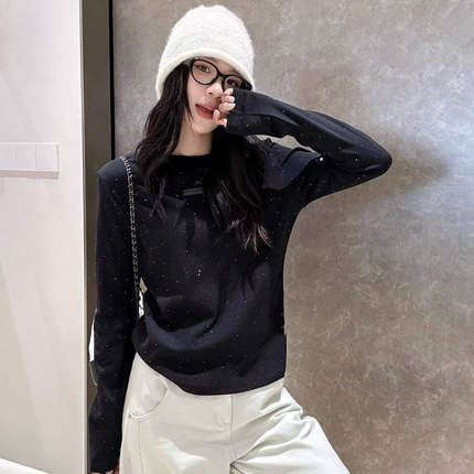 欧货十三行重工烫钻针织领拼接圆领弹力长袖T恤小衫打底衫时尚潮