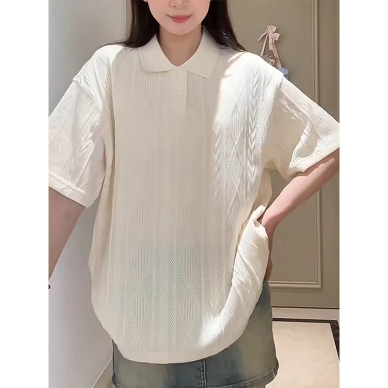 polo领米色针织衫短袖宽松休闲韩系百搭小衫上衣女装2025年夏季