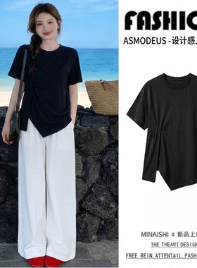 孕妇装T恤夏季新款韩版时尚气质设计感开叉遮肚显瘦上衣圆领T恤潮