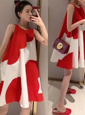 连衣裙夏季韩国小香风宽松红色娃娃连衣裙蓬蓬沙滩背心裙女夏裙子