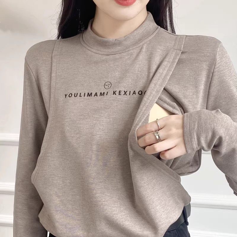 孕妇秋冬哺乳打底衫长袖保暖德绒侧开口产后母乳期喂奶衣秋衣上衣