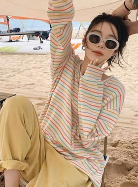 2025美式条纹宽松大码卫衣t恤女长袖薄款小个子长款上衣彩条卫衣
