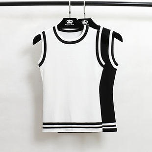 打底衫 2025夏季 无袖 条纹拼色冰丝针织背心女外穿内搭修身 上衣 新款