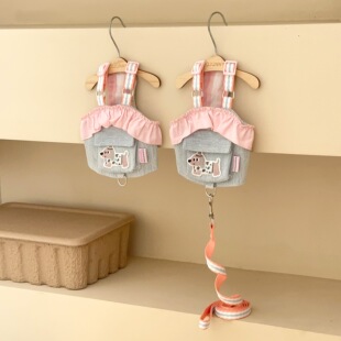 春秋新款 中小型犬衣服宠物粉花边牛仔马甲猫咪狗狗背心可牵引胸背