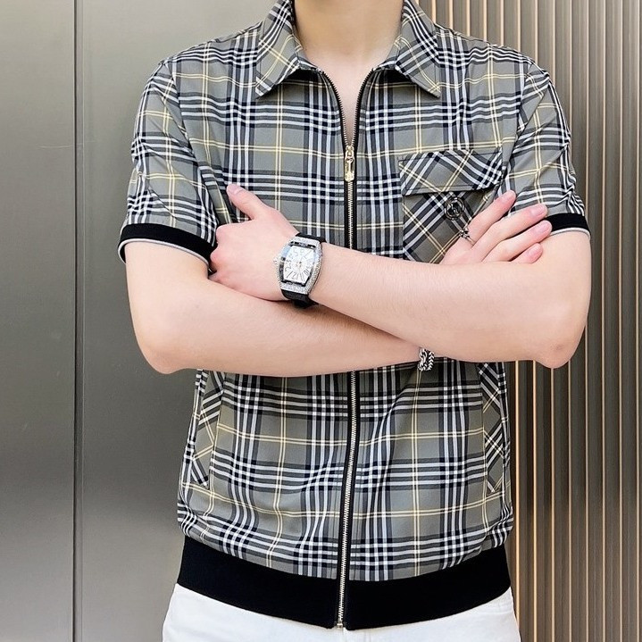 高品质夏季新款凉感格子短袖t恤衬衫领开衫拉链半袖T恤显瘦韩版男