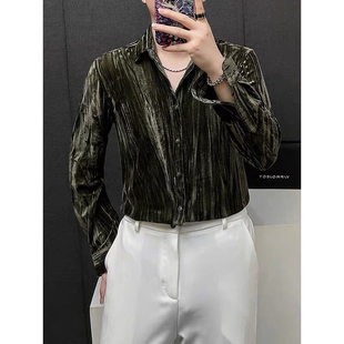 金丝绒衬衫男生修身高级感秋冬小众打底衫衬衣设计感通勤男女同款