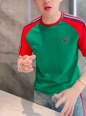 男士夏季织带拼色T恤欧货2026新款修身时尚圆领半袖短袖帅气上衣