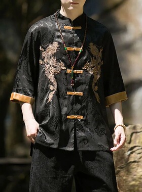 新款男士刺绣龙袍中国风唐装男盘扣衬衣夏季薄款新中式汉服衬衫潮