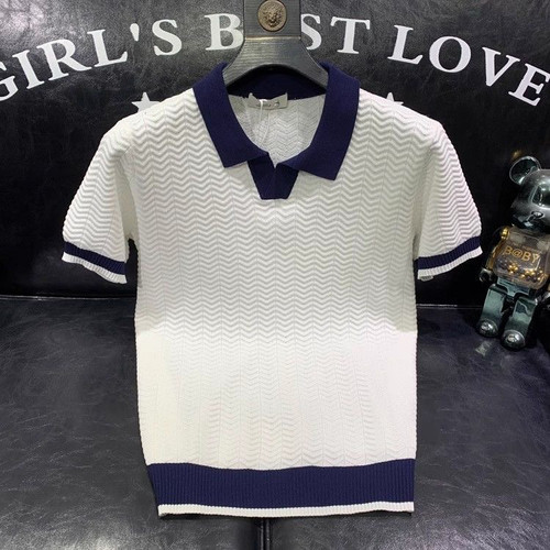 夏季新款撞色时尚翻领冰丝短袖t恤男潮流个性百搭休闲打底针织衫