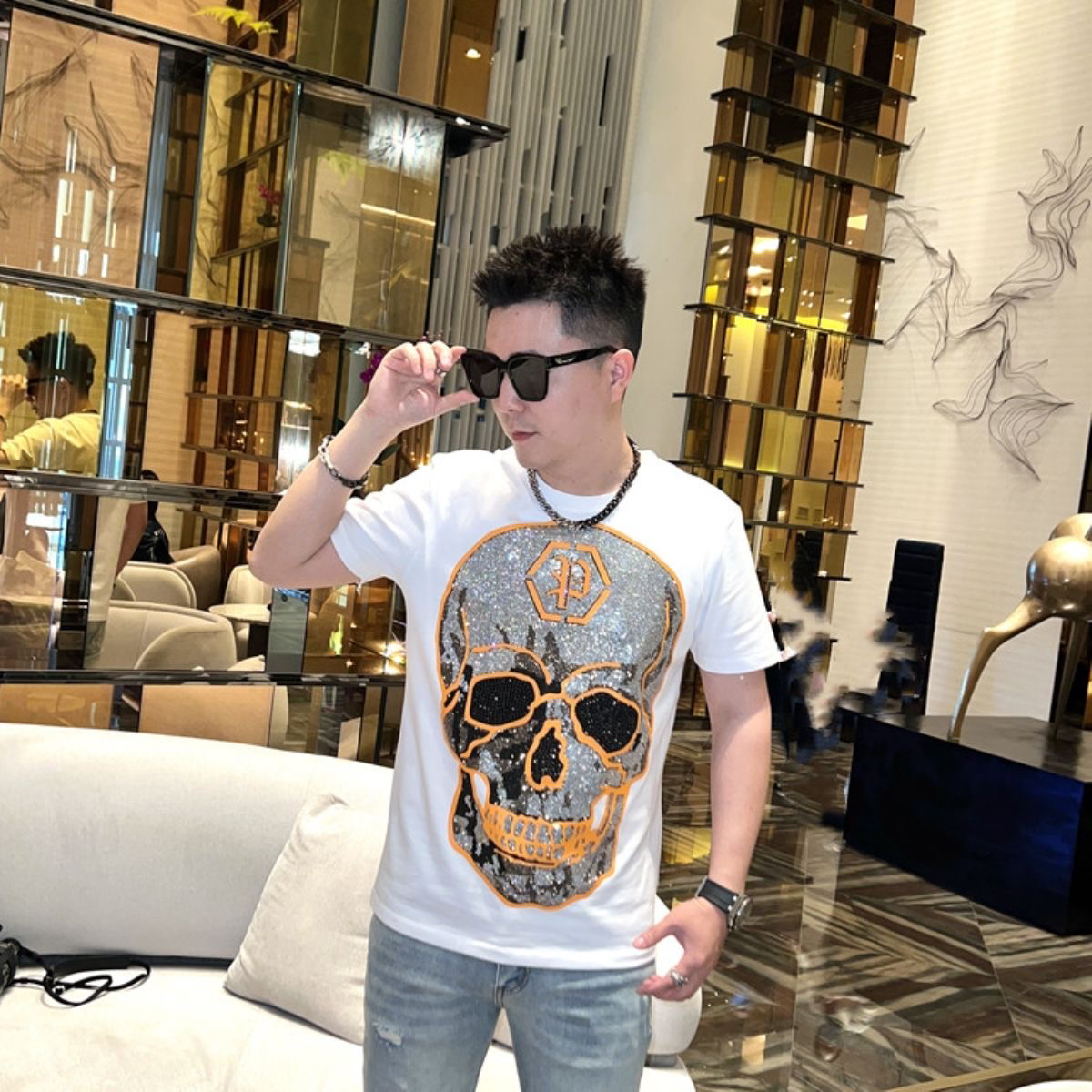 高端男装时尚夏季新款欧货重工胶印烫钻骷髅头男士修身短T恤潮牌