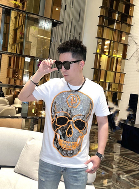 高端男装时尚夏季新款欧货重工胶印烫钻骷髅头男士修身短T恤潮牌