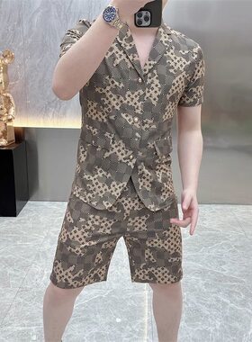 夏季新款潮牌印花短袖短裤套装男士高级感轻奢帅气修身休闲两件套