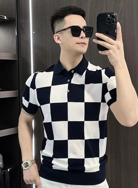 欧货时尚夏季新款短袖翻领格子拼接Polo衫男修身商务休闲T恤男士