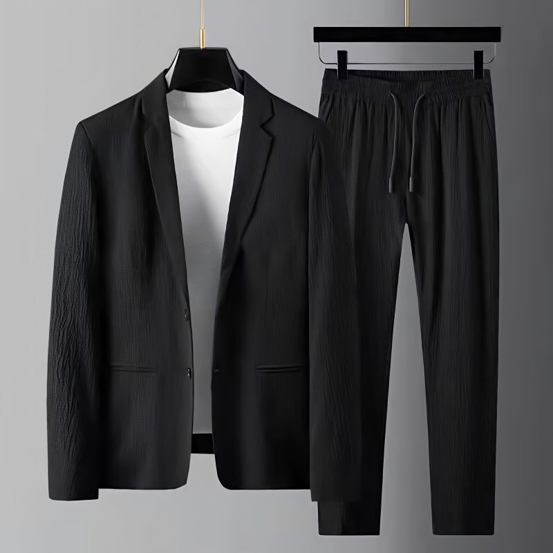 西装套装男春秋轻薄款条纹褶皱青春时尚潮流纯色男士休闲西服外套