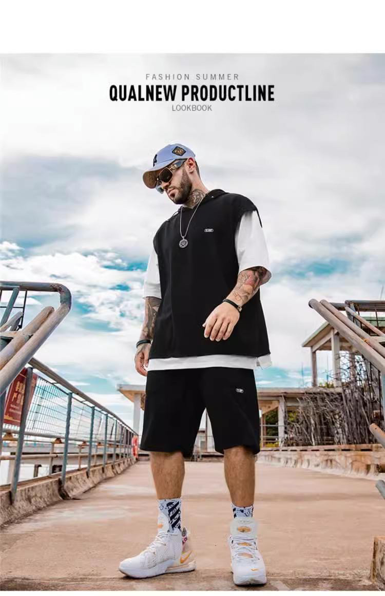 华夫格短袖卫衣短裤套装男宽松大码夏季一套搭配潮流休闲运动男装