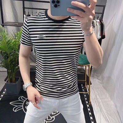 夏季T恤男士时尚经典条纹百搭简约短袖新款潮流帅气修身圆领体恤