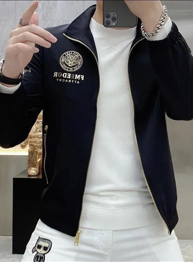 欧洲站男士外套春秋款休闲高档薄款高级夏季潮流刺绣夹克黑色男装