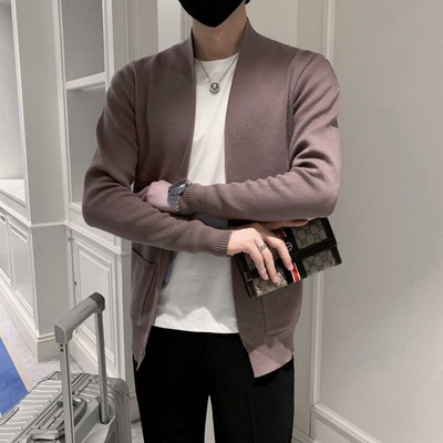 针织春秋季新款纯色男士潮流修身开衫针织衫男装毛衣休闲外套