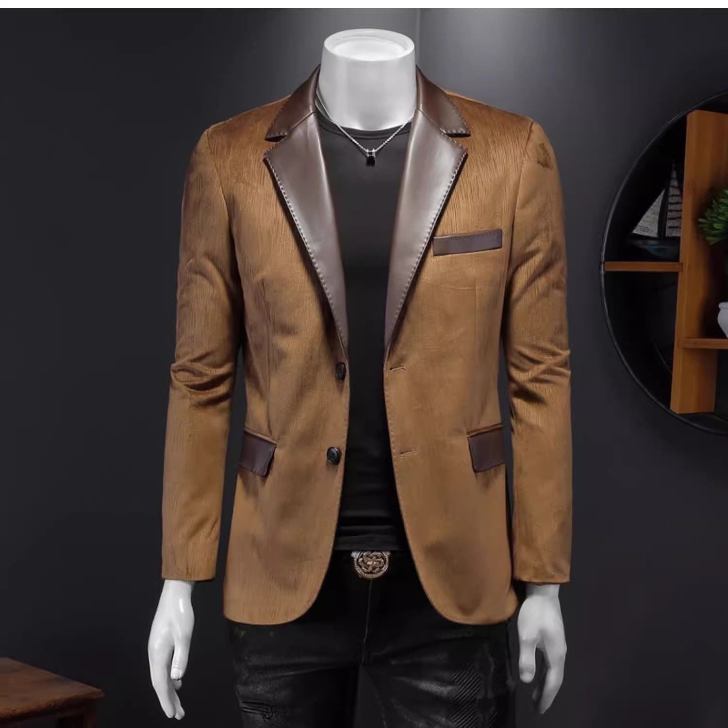 外套痞帅男士高级男装拼接西服2025潮男新款休闲秋冬皮领西装潮牌,男装,休闲西服,淘宝优惠券,粉丝福利购,淘宝优惠卷
