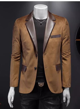 外套痞帅男士高级男装拼接西服2025潮男新款休闲秋冬皮领西装潮牌