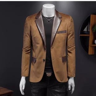 休闲秋冬皮领西装 拼接西服2025潮男新款 潮牌 高级男装 外套痞帅男士