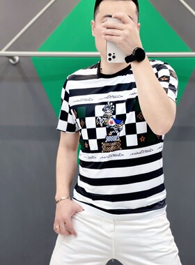 欧货夏季男士高端时尚个性条纹印花短袖修身高品质休闲圆领T恤潮