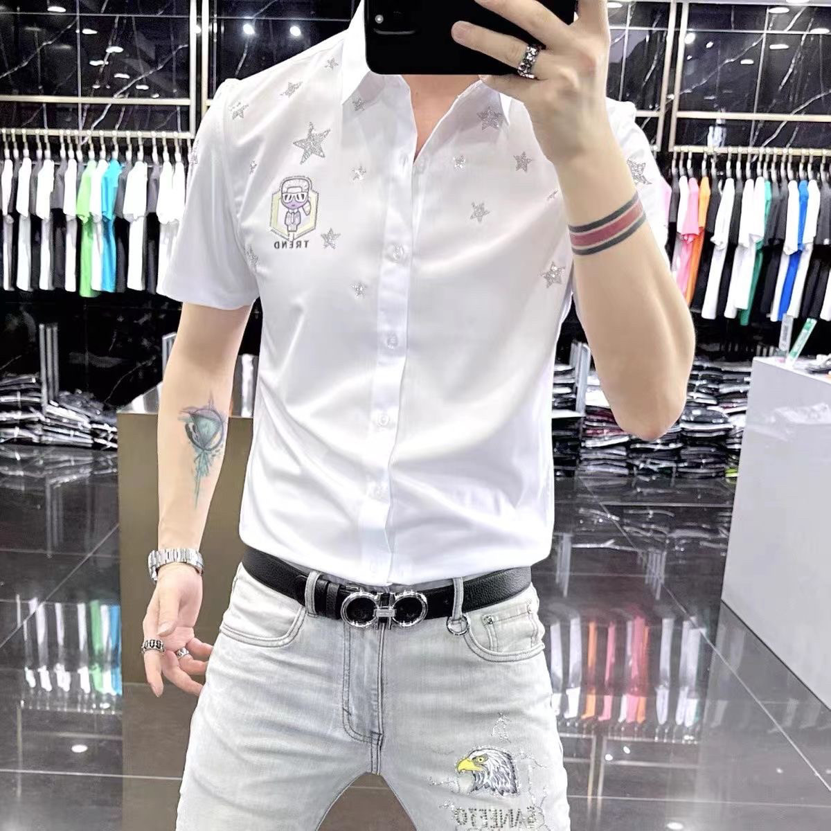 欧洲站夏季时尚轻薄款短袖衬衫潮男小众速干烫钻高级百搭短款衬衣