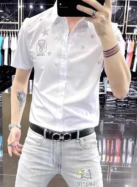 欧洲站夏季时尚轻薄款短袖衬衫潮男小众速干烫钻高级百搭短款衬衣