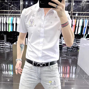 欧洲站夏季时尚轻薄款短袖衬衫潮男小众速干烫钻高级百搭短款衬衣