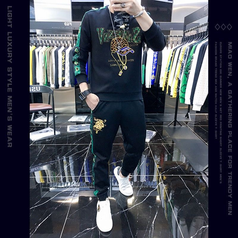 欧洲站刺绣拼接潮流卫衣套装潮流洋气秋冬新款男装绣花运动两件套